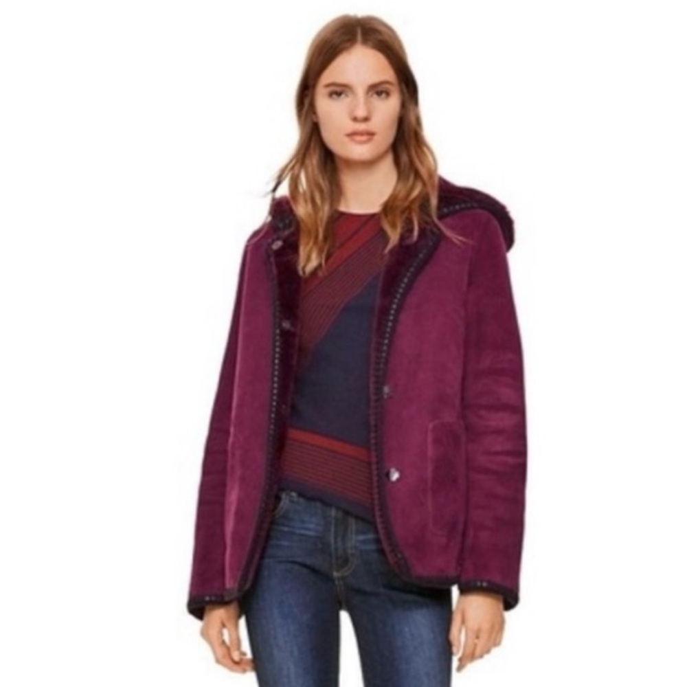 Tory Burch Hooded Shearling Fur Jacket with Crochet Edge